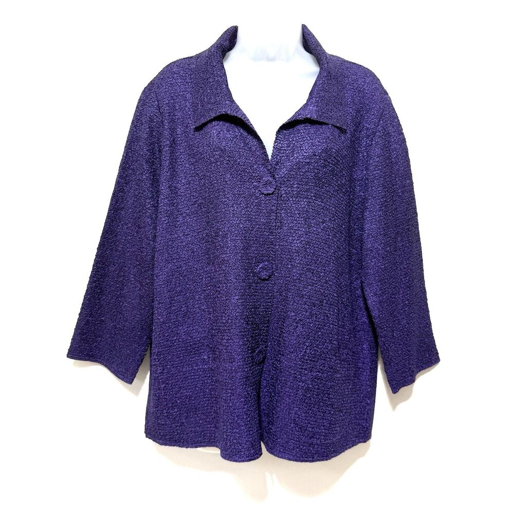 Chicos Travelers Collection Purple Crinkle Button 3/4 Sleeve Shirt Jacket 2/L